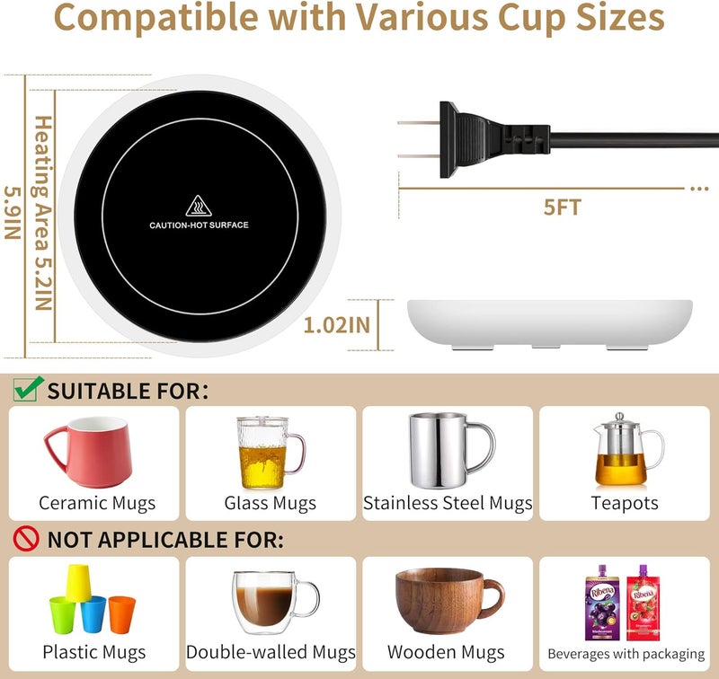 Unbreakable Coffee Mug Warmer for Desk 4H Auto Shut Off, Smart Coffee Cup Warmer with 3 Temperature Setting, Electric Mug Warmer Plate for Coffee, Milk, Tea (White) - Image 4